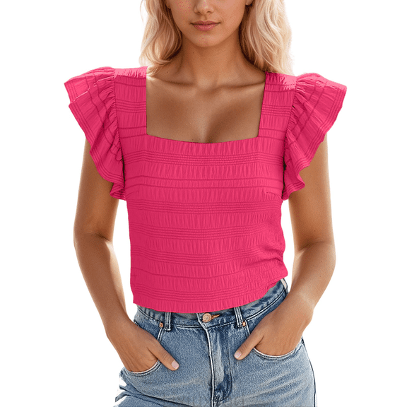 Lixiuxyad Women Basic Tee Women's Floral Print Short Sleeve Blouse Ruffle Hem Square Neck Tops Summer Fashion Casual Tunic Shirt For Ladies,Red