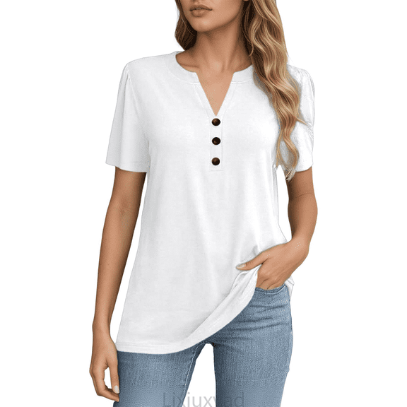 Lixiuxyad Women Basic Tee Women's Shirts Stylish Women's T Shirts Casual Women’s Button Up Short Sleeve Tops Versatile Wear For All Occasions Wardrobe Addition,White