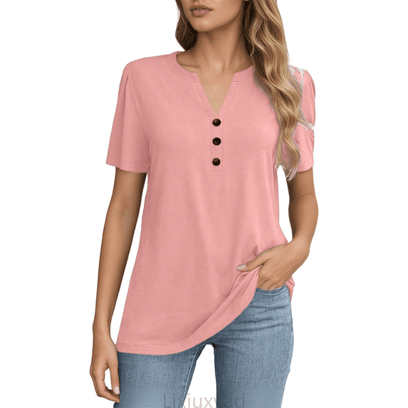 Lixiuxyad Women Basic Tee Women's Shirts Stylish Women's T Shirts Casual Women’s Button Up Short Sleeve Tops Versatile Wear For All Occasions Wardrobe Addition,Pink