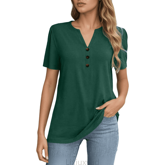 Lixiuxyad Women Basic Tee Women's Shirts Stylish Women's T Shirts Casual Women’s Button Up Short Sleeve Tops Versatile Wear For All Occasions Wardrobe Addition,Green