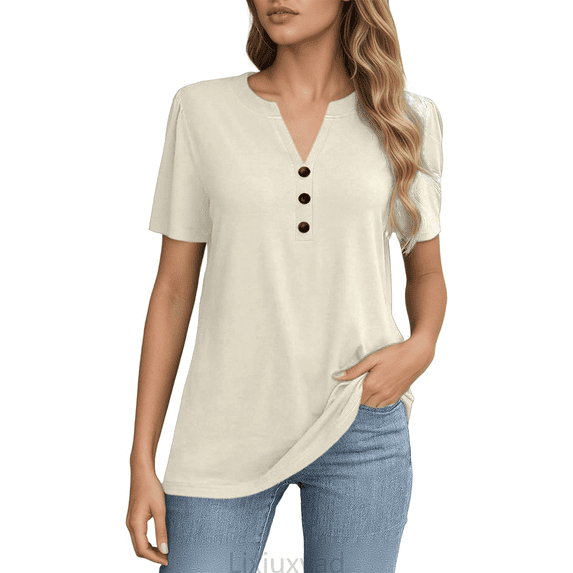 Lixiuxyad Women Basic Tee Women's Shirts Stylish Women's T Shirts Casual Women’s Button Up Short Sleeve Tops Versatile Wear For All Occasions Wardrobe Addition,Beige
