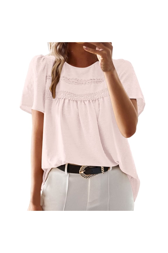 Women Basics Tees Women's T Shirts For Everyday Wear Short Sleeve Crew Neck Lace Hollow Design For Summer Pairs Well With Jeans,Pink M