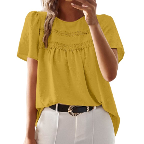 Lixiuxyad Women Basics Tees Women's T Shirts For Everyday Wear Short Sleeve Crew Neck Lace Hollow Design For Summer Pairs Well With Jeans,Yellow L