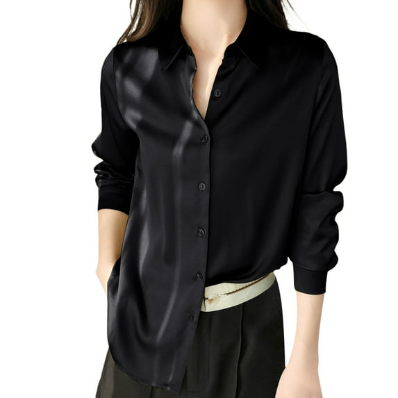 Lixiuxyad Women Blank Shirt Women's Blouse Satin Silk Shirt Button Down Shirt Casual Loose Long Sleeve Work Long Edition Blouse
