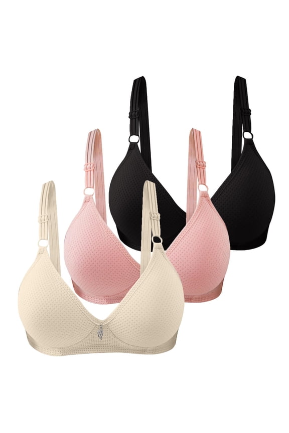 Women Bras Wireless plus Size 3PC Women's Solid Color Cup Gathered Breathable Side Fold Adjustable Shoulder Strap Large Bra Underwear
