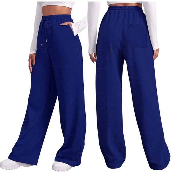 Lixiuxyad Women Drawstring Pants Women's Autumn And Winter Solid Color Fleece Casual And Comfortable Sports Pocket Lace Up Wide Leg Straight Leg Sweatpants Blue