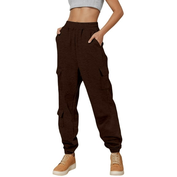 Lixiuxyad Women Flowy Pants Casual Pants Drawstring Design Utility Joggers Pocket Trousers Comfortable Long Length Bottoms For Everyday Wear Brown