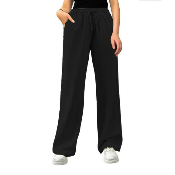 Lixiuxyad Women Flowy Pants Women's Casual Loose Fit High Waist Drawstring Pants With Side Pockets Black