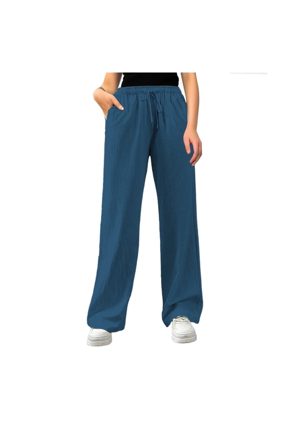 Women Flowy Pants Women's Casual Loose Fit High Waist Drawstring Pants With Side Pockets Blue