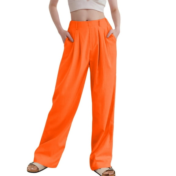 Lixiuxyad Women Flowy Pants Women's High Waist Casual Pants Solid Color Corduroy Spliced Slit Hem Trousers For Women Orange