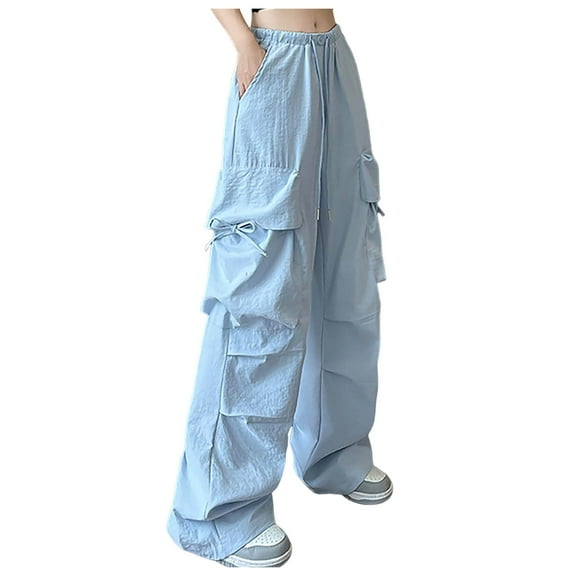 Lixiuxyad Women Flowy Pants Women's Work Pants With Pockets High Waisted Buttoned Casual Pants Straight Leg Pants Blue