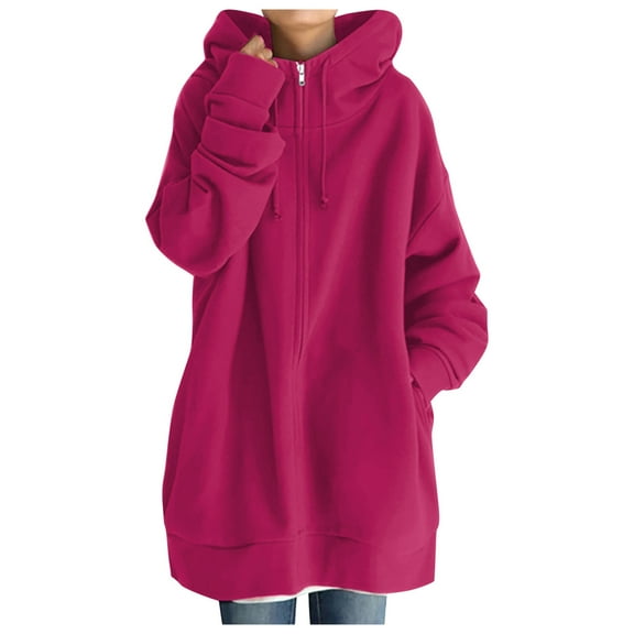 Lixiuxyad Women Long Zipper Hooded Jackets Sweatshirt Loose Pocket Drawstring Hoodie Coat Pink