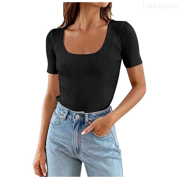 Lixiuxyad Women Short Sleeve Square Neck T Shirts Summer Slim Fitted Ribbed Knit Basic Casual Tee Tops Trendy Casual,Black XL