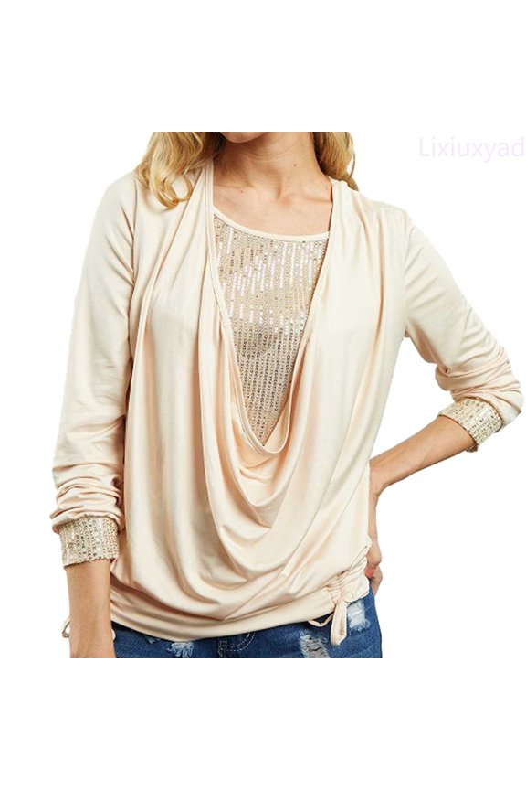 Women Solid Sequined Long Sleeve Loose Smocked Two Piece Top Summer Tee Shirts,Yellow XXXL