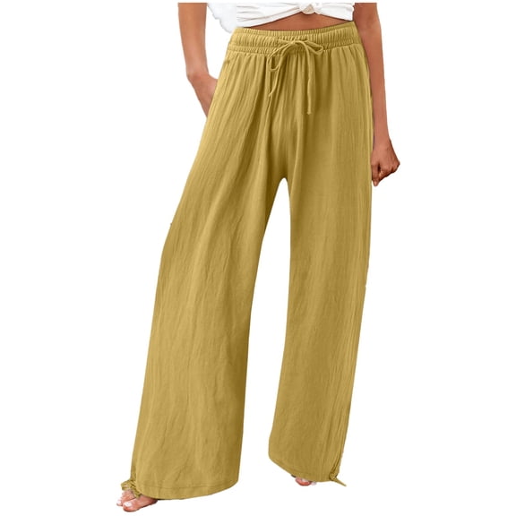 Lixiuxyad Women Summer High Waisted Cotton Linen Palazzo Pants,Wide Leg Long Lounge Pant Trousers with Pocket Yellow