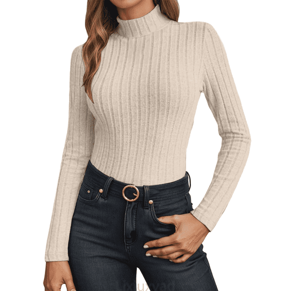 Lixiuxyad Women T-Shirt High Neck Knit Fitted Pullover T Shirt Layering Top,Beige