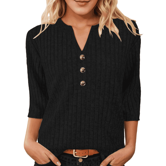 Lixiuxyad Women T-Shirt Long Sleeve Ribbed T Shirt Button Down Collar Elegant Blouse Soft Brushed Texture Casual Comfort Fit Top,Black