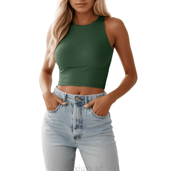 Lixiuxyad Women T-Shirt Women Sleeveless Crewneck Cropped Tank Top Summer Casual Basic Teen Girls Going Out Crop Top,Green