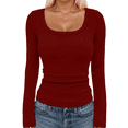 thumbnail image 1 of Lixiuxyad Women T-Shirt Women's Basic Ribbed Knit Square Neck Long Sleeve T Shirt Fall Fashion Casual Stretch Fit Comfortable Top For Girls And Teens,Red, 1 of 5