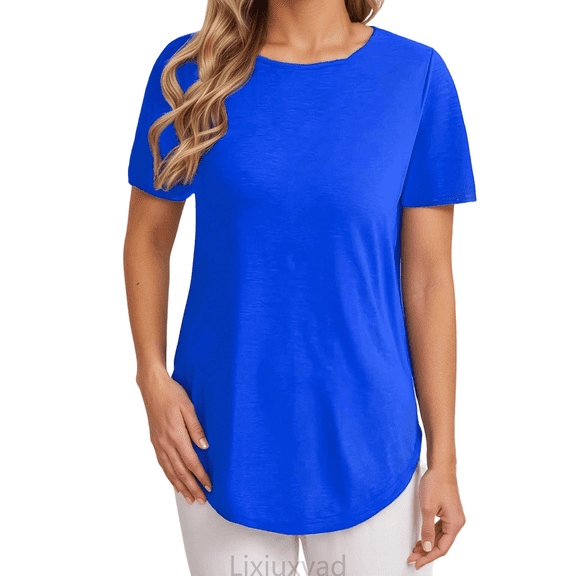 Lixiuxyad Women T-Shirt Women's Casual T Shirt Elegant Back Button Detail Round Neck Pure Color Top For Spring Summer Season Comfortable Soft Basic Tee,Blue