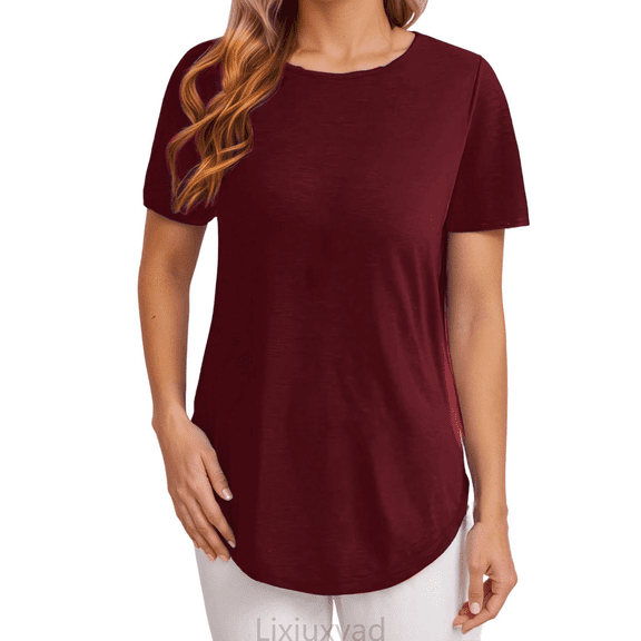 Lixiuxyad Women T-Shirt Women's Casual T Shirt Elegant Back Button Detail Round Neck Pure Color Top For Spring Summer Season Comfortable Soft Basic Tee,Red