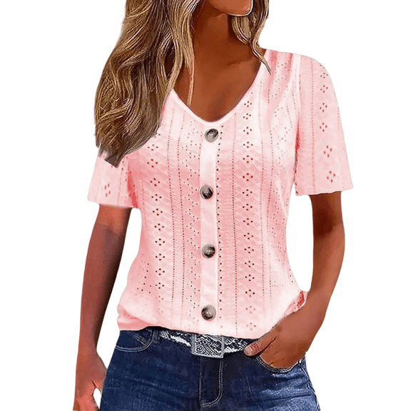 Lixiuxyad Women T-Shirt Womens Summer Short Sleeve T Shirt With Jacquard Collar And Button Front Elegant Solid Color Casual,Pink