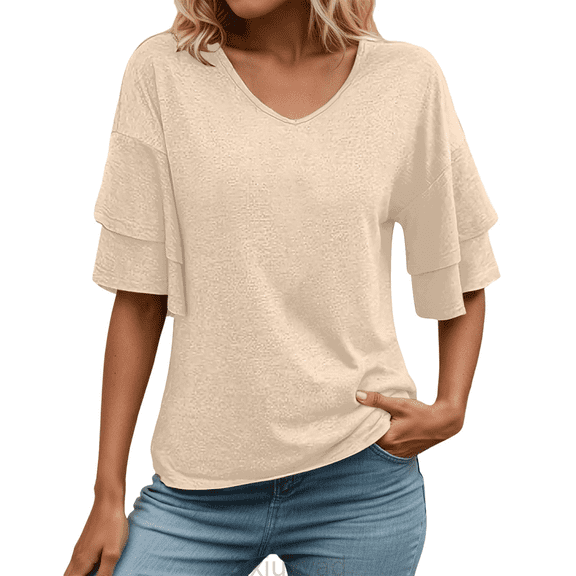 Lixiuxyad Women T-Shirt Womens V Neck Loose Fit T Shirt Double Layer Flounce Short Sleeve Top,Beige
