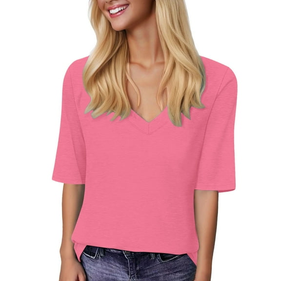 Lixiuxyad Women Tops Casual Women's V Neck Casual T Shirt Summer Basic Tee Short Sleeve Blouse Top For Daily Wear With Jeans Comfortable Soft Breathable,Pink S