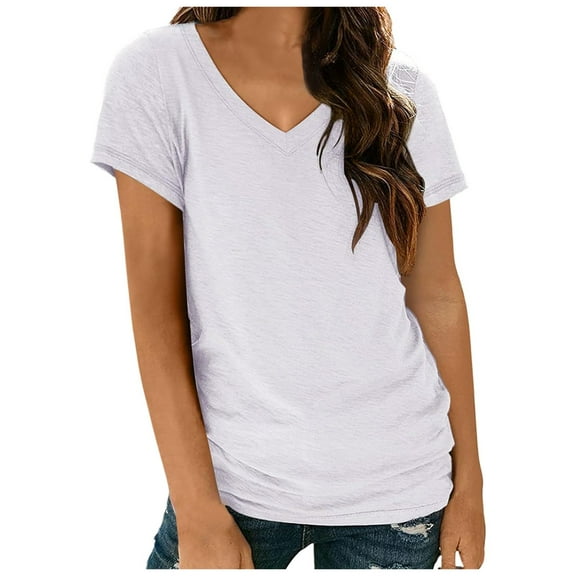 Lixiuxyad Women Tops Dressy Casual Tees Women's Solid Color V Neck Casual Short Sleeve T Shirt | Fashionable & Versatile Basic Tee,White M