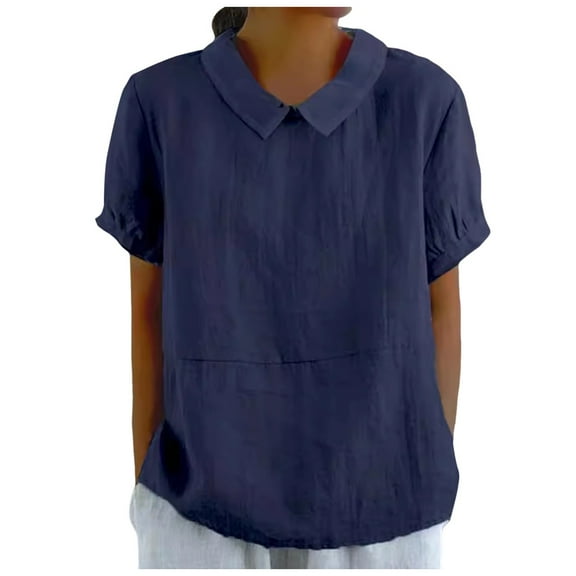 Lixiuxyad Women Tops Summer Women's Retro Fashion Solid Color Loose Casual Turndown Neck Shirt Short Sleeved T Shirt Tops,Blue L