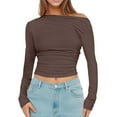 thumbnail image 1 of Lixiuxyad Women Tops Trendy Womens Long Sleeve Off The Shoulder Casual Crop Tops Boat Neck Going Out Slim Fit T Shirts,Brown L, 1 of 4