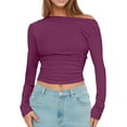 thumbnail image 1 of Lixiuxyad Women Tops Trendy Womens Long Sleeve Off The Shoulder Casual Crop Tops Boat Neck Going Out Slim Fit T Shirts,Purple M, 1 of 4