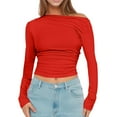 thumbnail image 1 of Lixiuxyad Women Tops Trendy Womens Long Sleeve Off The Shoulder Casual Crop Tops Boat Neck Going Out Slim Fit T Shirts,Red XS, 1 of 4