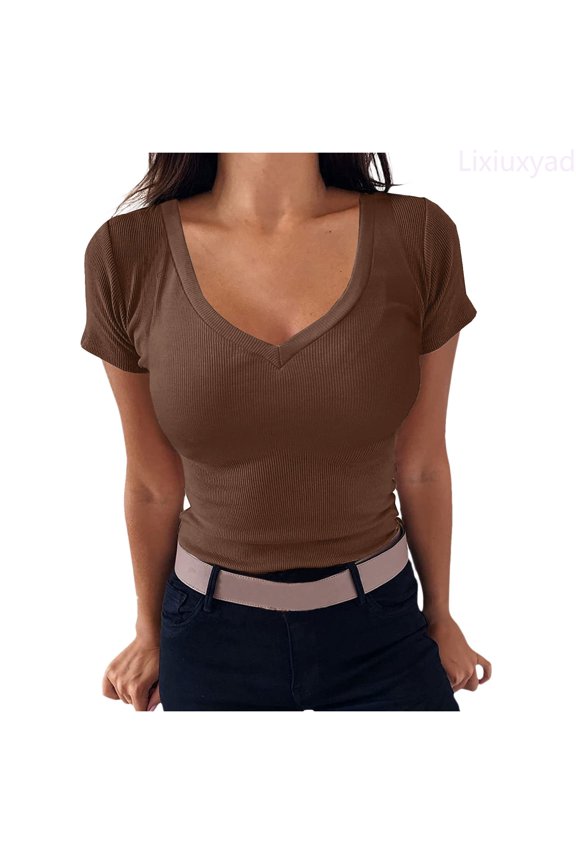Women V Neck Ribbed Fitted Tight Tshirt Short Sleeve Shirt Basic Knit Top Trendy Casual,Brown XXL