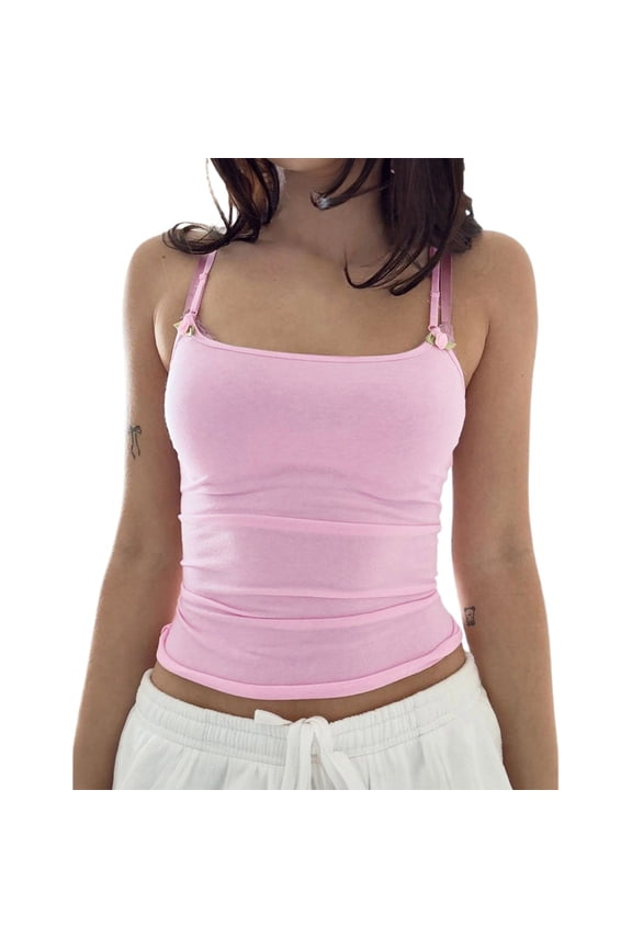 Women's Cami Women's Spring And Summer Solid Color Knitted Sexy Hot Girl Casual Tank Top With Strap Top(Pink M)