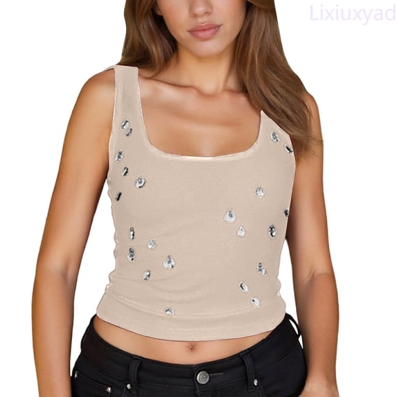 Lixiuxyad Women's Camisole Summer Camisole Top With Beaded Neckline Elegant Sleeveless Tank For Casual Wear And Layering,Beige