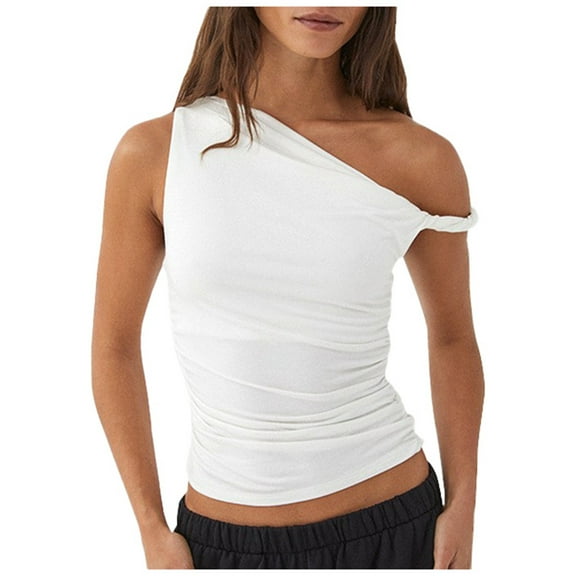 Lixiuxyad Women's Camisole Women's Summer New Collection Solid Color Shoulder Slant Collar Fold Asymmetric Sexy Top Women's Tank Top Strap(White L)
