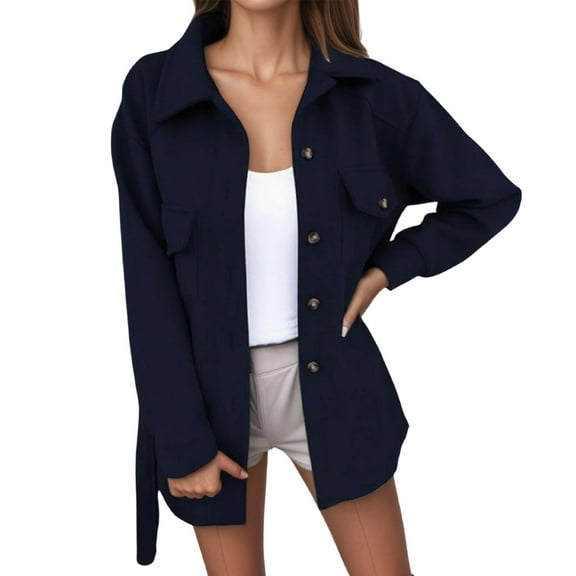 Lixiuxyad Women's Casual Jackets Elegant Plus Size Trench Coat Long Sleeve Wrap Belt Blend Overcoat For Autumn Winter Fashion Outerwear Blue