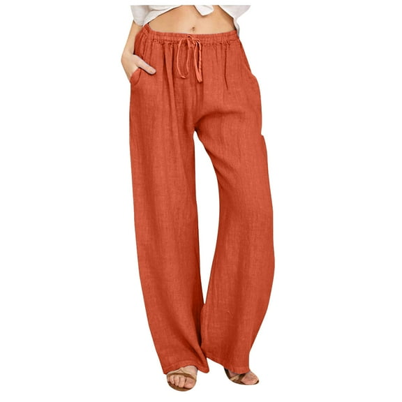 Lixiuxyad Women's Cotton Linen Pants Summer Casual Wide Leg Pant Loose Drawstring High Waist Palazzo Trousers with Pockets Orange