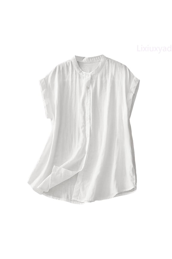 Women's Cotton Linen Round Neck Boxy Top Patchwork Blouses Loose Fit,White XXL