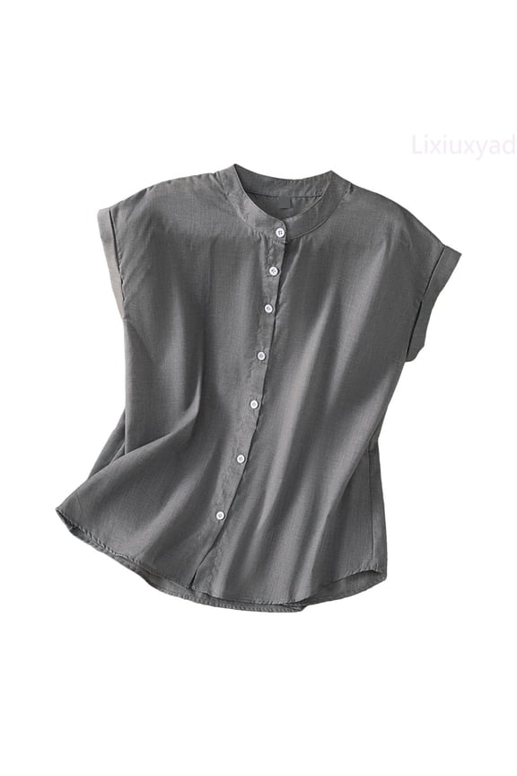 Women's Cotton Linen Round Neck Boxy Top Patchwork Blouses Trendy Flowy,Gray XXL