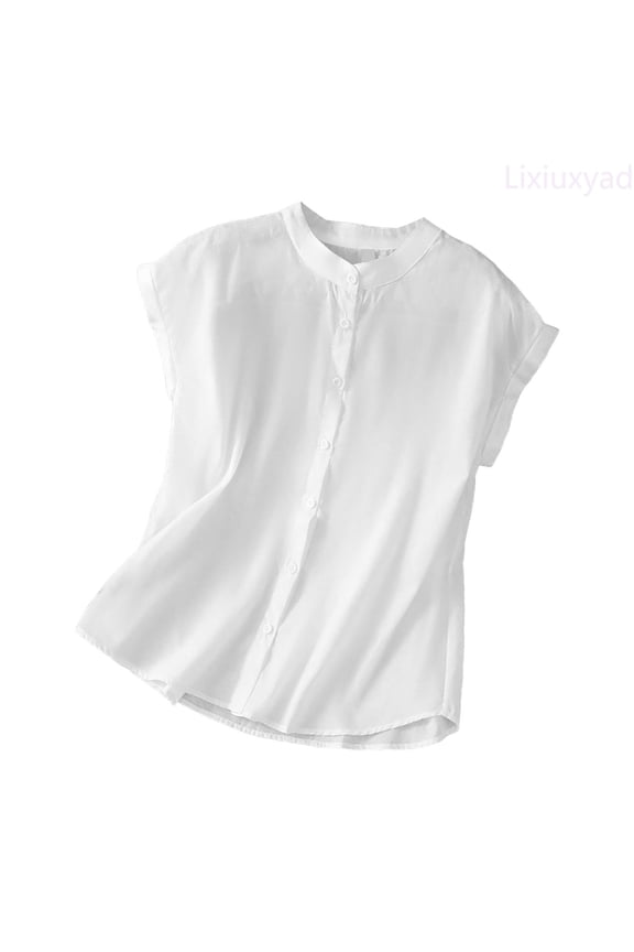 Women's Cotton Linen Round Neck Boxy Top Patchwork Blouses Trendy Flowy,White M