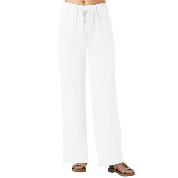 Lixiuxyad Women's Cotton Linen Summer Palazzo Pants Flowy Wide Leg Beach Trousers with Pockets White