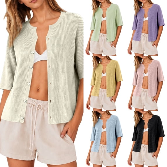 Lixiuxyad Women's Crew Neck Ribbed Knit Cardigan Short Sleeve Open-Front Button-Up Cardigan,Black