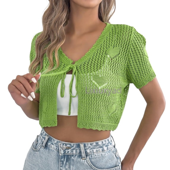 Lixiuxyad Women's Crochet Cropped Cardigan Short Sleeve Tie-Front Open Knit Cardigan Summer Beach,Green