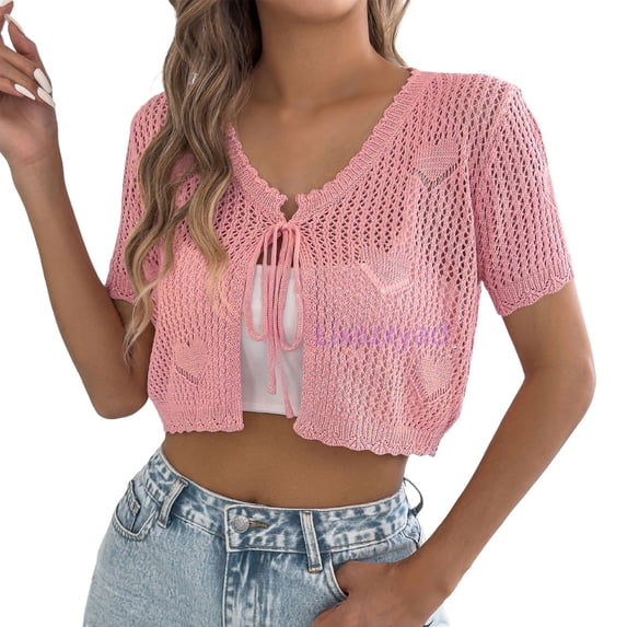 Lixiuxyad Women's Crochet Cropped Cardigan Short Sleeve Tie-Front Open Knit Cardigan Summer Beach,Pink