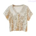 thumbnail image 1 of Lixiuxyad ‌Women's Crochet Lace Trim Cardigan Short Sleeve V-Neck Button Open-Front Knit Shrug‌,Beige, 1 of 4