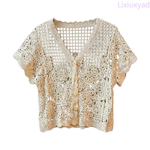 Lixiuxyad Women's Crochet Lace Trim Cardigan Short Sleeve V-Neck Button Open-Front Knit Shrug,Beige