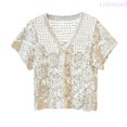 thumbnail image 1 of Lixiuxyad ‌Women's Crochet Lace Trim Cardigan Short Sleeve V-Neck Button Open-Front Knit Shrug‌,White, 1 of 4