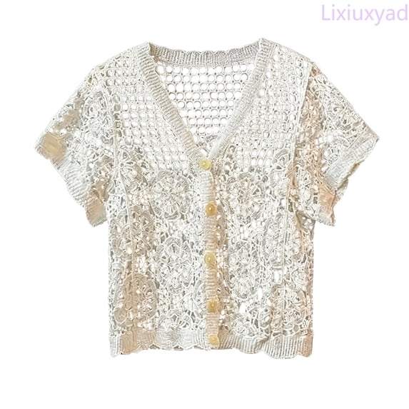 Lixiuxyad Women's Crochet Lace Trim Cardigan Short Sleeve V-Neck Button Open-Front Knit Shrug,White